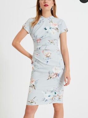 Phase Eight Ashley Floral Print Dress Pale Blue Size Uk 16/12 US